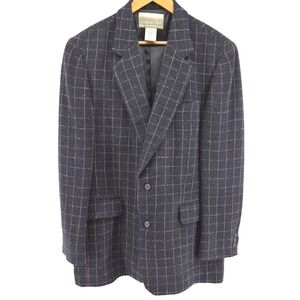 Coldwater Creek Wool Blend Plaid Blazer Womens L Navy‎ Tan Windowpane Check Y2K